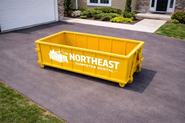 Blue 10-yard roll-off dumpster in a residential driveway