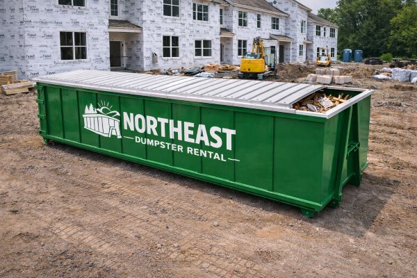 Large 40-yard green roll-off dumpster beside a house