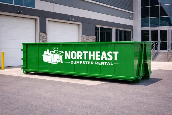 Green commercial roll-off dumpster in a business parking lot
