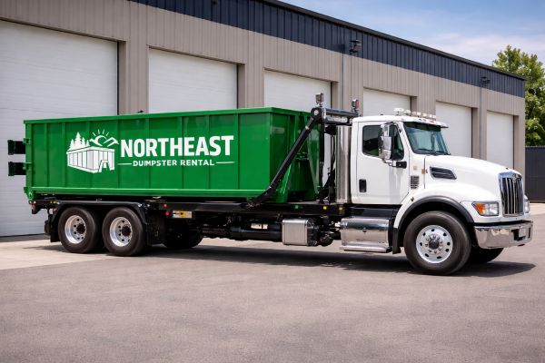 Northeast Dumpster Rentals delivery truck hauling a roll-off container
