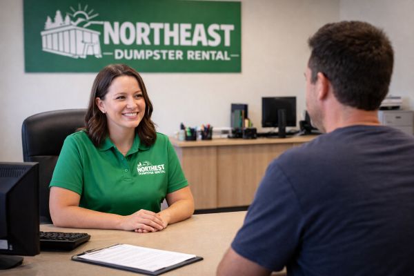 Northeast Dumpster Rentals representative helping a customer book a dumpster