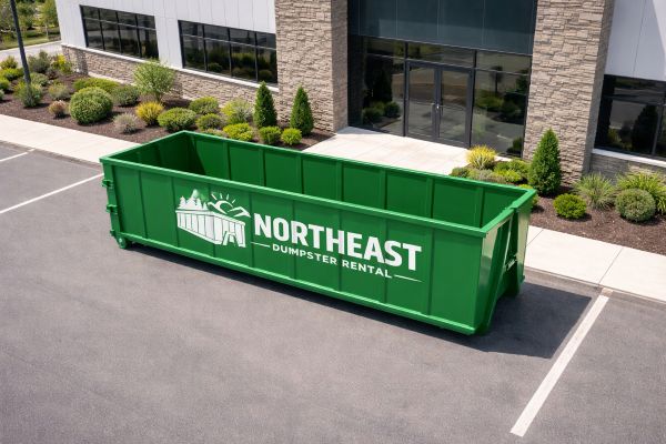 Green Northeast Dumpster Rentals roll-off container on a paved driveway