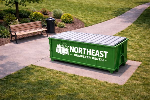 Temporary roll-off dumpster placed in a residential driveway